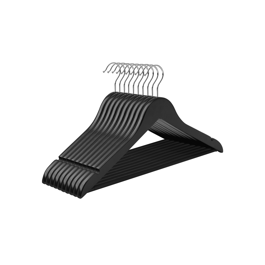 [CRW02B10] SONGMICS Cintres en Bois, Lot de 10, Cintres, Cintres, avec Encoches aux Épaules, Barre de Pantalon Antidérapante, Crochet Pivotant à 360°, pour Costumes, Chemises, Manteaux, Noir CRW02B10