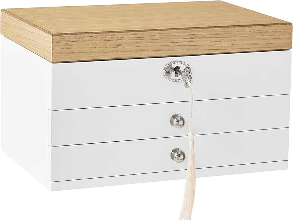 [JOW15WNV1] SONGMICS Boîte à Bijoux, Organisateur de Bijoux à 3 Niveaux avec Grand Miroir, 2 Tiroirs, Verrouillable, Cadeau pour les Proches, pour Bagues, Boucles d'Oreilles, Bracelets, Colliers, Couleur Blanc et Grain de Bois JOW15WNV1