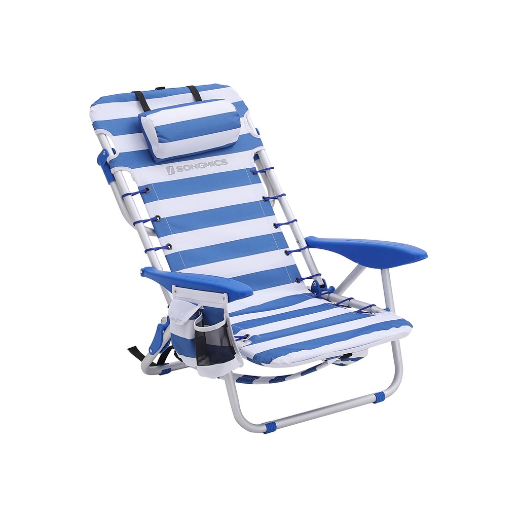 [GCB62BU] SONGMICS Chaise de plage, chaise de camping pliante, chaise d'extérieur portable, transportable comme un sac à dos, avec dossier réglable, appuie-tête, accoudoirs, 2 poches latérales, bleu et blanc GCB62BU