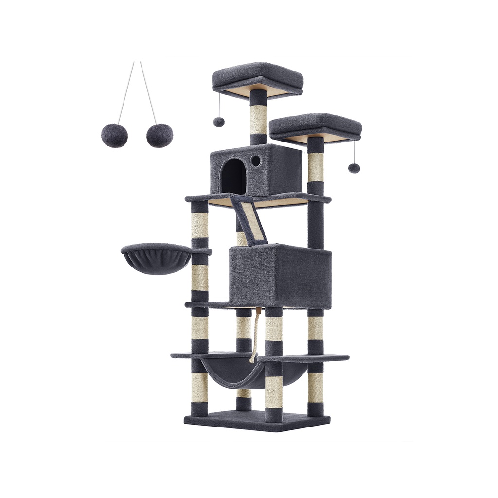 [PCT165G01] FEANDREA Grand Arbre à Chat M Arbre à Chat de 168 cm de Haut avec 13 Arbres à Chat 1 Rampe à Griffoir 2 Plateformes 2 Grottes Panier Hamac Pompons pour Grands Chats Gris Fumé