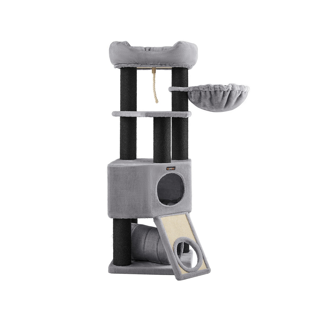 [PCT02W] FEANDREA Arbre à chat, grande tour à chat avec perchoir en peluche moelleuse, condo pour chat avec panier transat et grotte à câlins, poteaux très épais entièrement enveloppés de sisal noir, stable, confortable, gris clair PCT02W