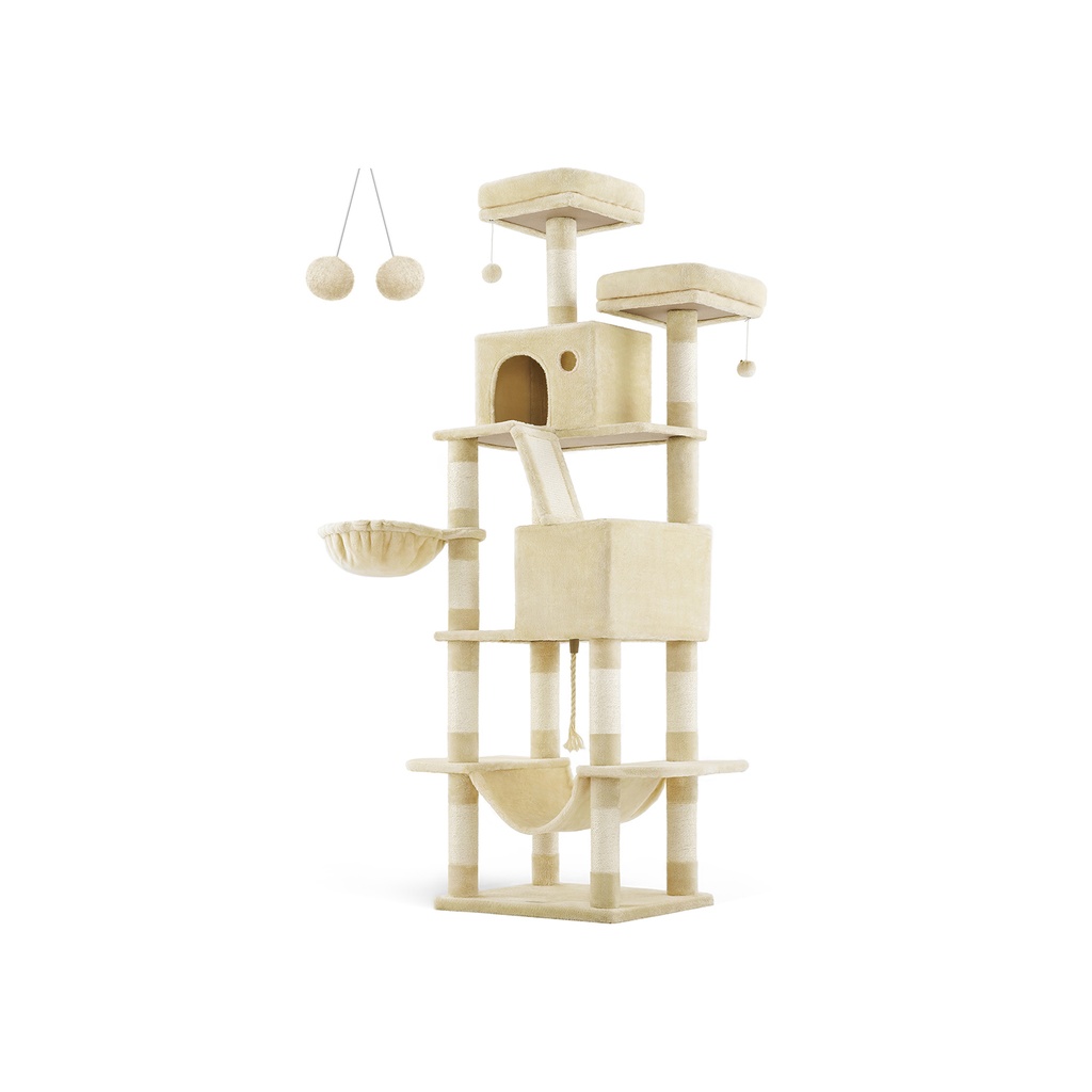 [PCT190M01] Feandrea PCT190M01 Grand griffoir pour chat, hauteur 206 cm, arbre à chat XXL avec 13 griffoirs, 2 plateformes, 2 grottes, panier, hamac, boules en peluche, griffoir pour chat multi-niveaux, beige