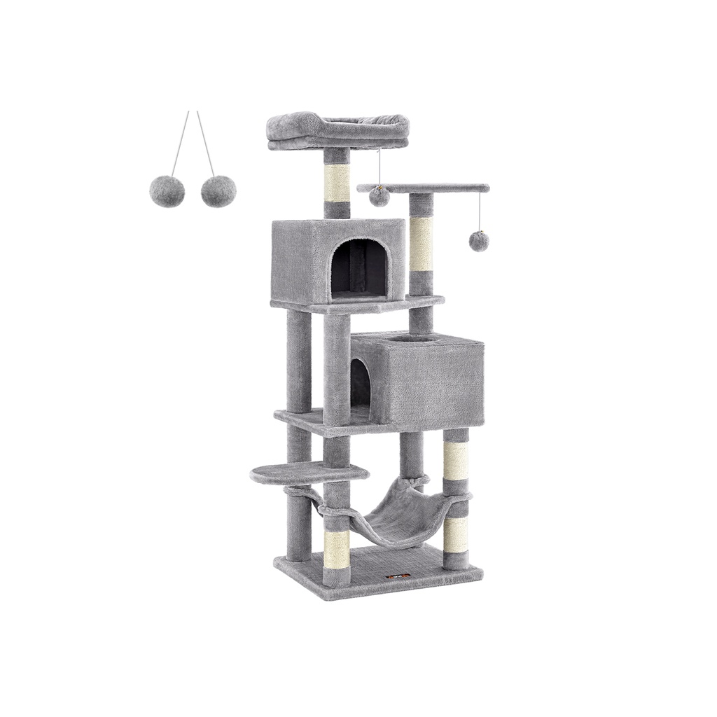 [PCT192W01] Feandrea Arbre à chat, tour à chat de 155 cm pour chats d'intérieur, condo en peluche à plusieurs niveaux avec 5 griffoirs, 2 grottes, hamac, 2 pompons, gris clair PCT192W01