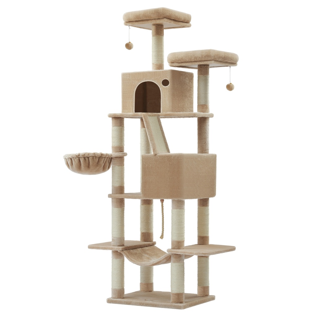 [PCT190K01] Feandrea UPCT190K01 Arbre à chat, grande tour pour chat de 210 cm, condo en peluche à plusieurs niveaux avec 13 griffoirs, 2 perchoirs, 2 grottes, panier, hamac, pompons, marron chameau