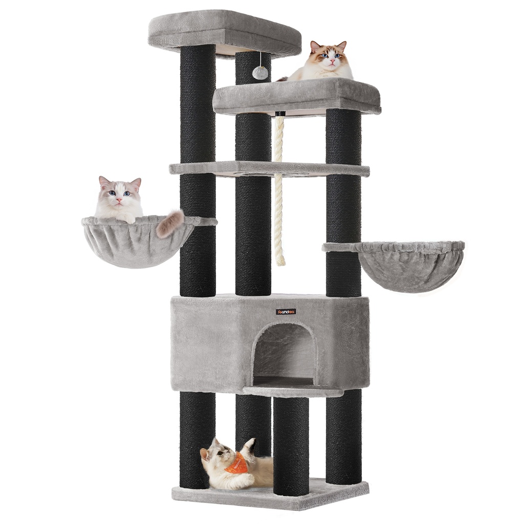 [PCT008G02] Feandrea Grand arbre à chat, tour à chat à plusieurs niveaux, XXL, 55 x 55 x 186,7 cm, poteaux en sisal de 11 cm de diamètre, Maine Coons, gris tourterelle et noir encre PCT008G02