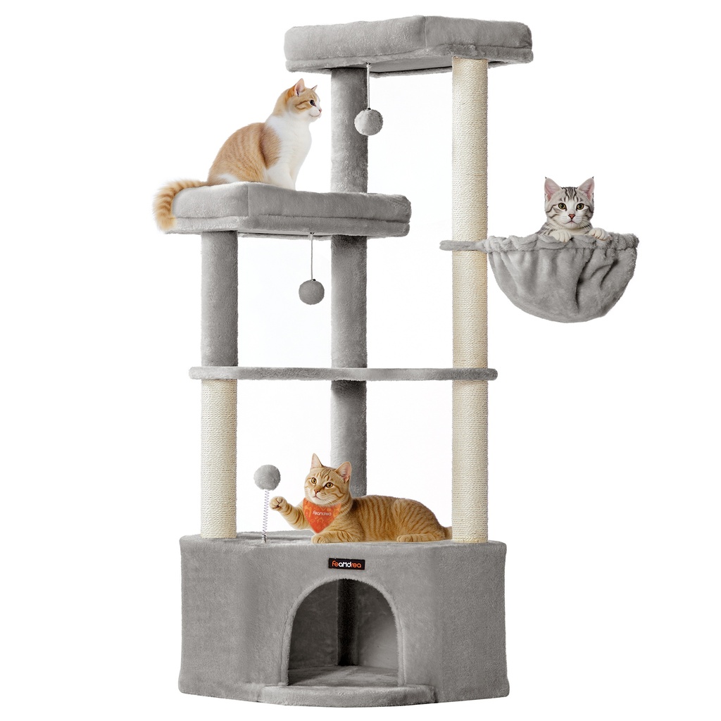 [PCT009G01] Feandrea Arbre à Chat Tour, 48,5 x 48,5 x 140,7 cm, Condo pour Chat avec Grande Grotte, Grands Perchoirs, Griffoirs, Pompons, Panier, Tourterelle Gris PCT009G01