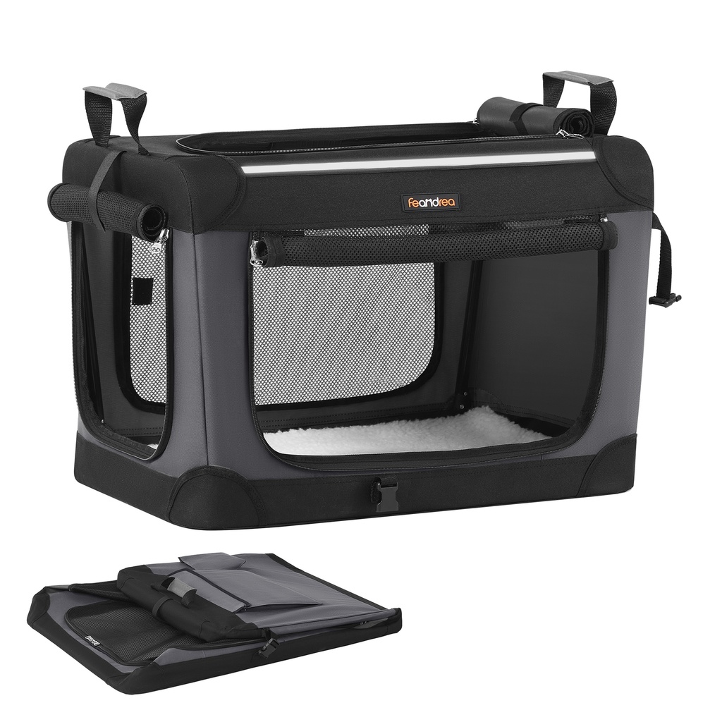 [PDC016B01] Feandrea Cage de transport pliable pour chien, cage de voyage portable pour petits chiens, 60 x 42 x 42 cm, cage de transport en tissu Oxford avec portes en maille, poche de rangement, noir encre PDC016B01