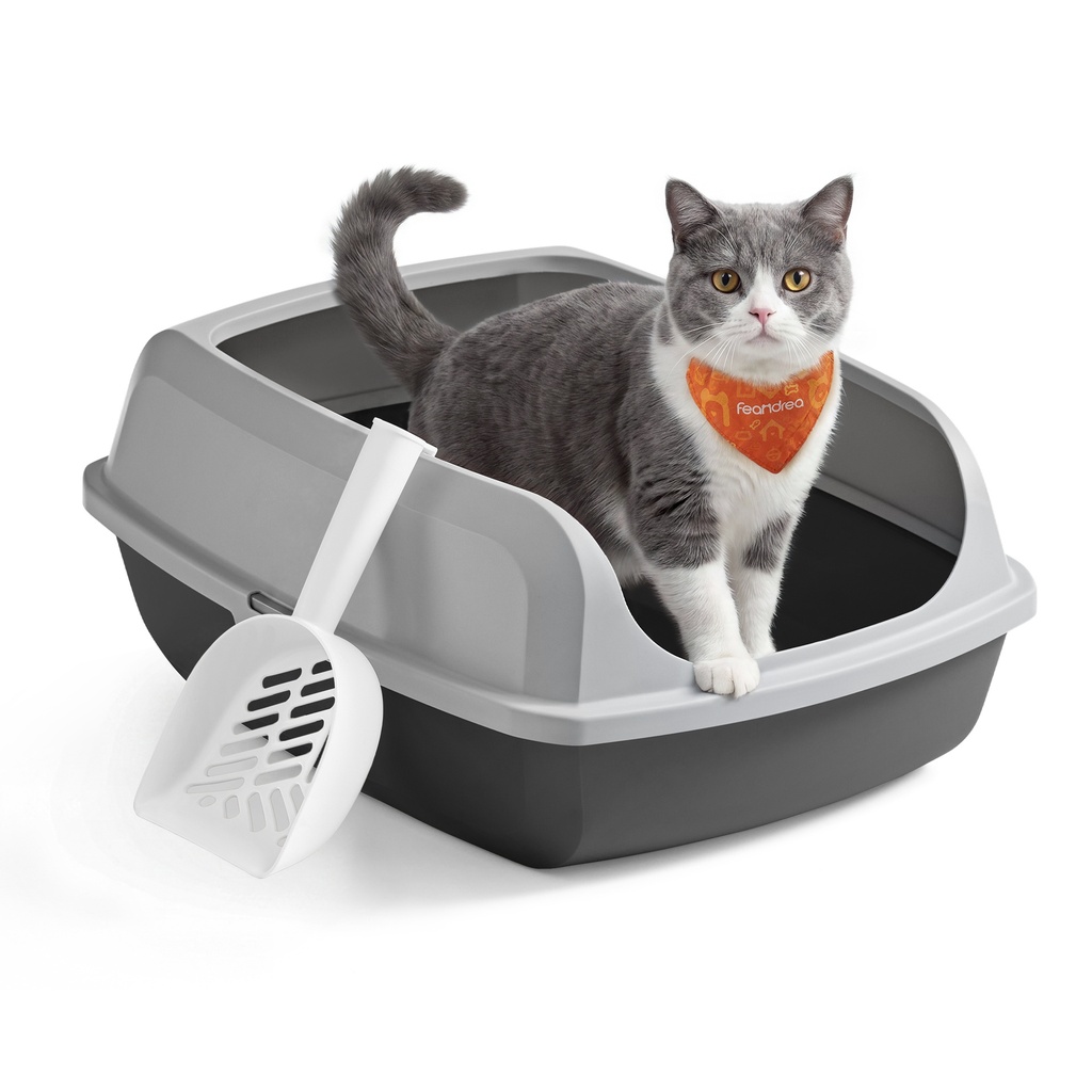 [PPT009GN01] Feandrea Bac à litière pour chat à bords hauts, bac à litière XL ouvert avec pelle, pour chatons, grands chats, gris ardoise PPT009GN01