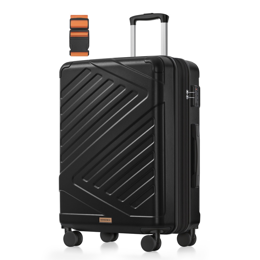 [RLP002B101] SONGMICS Valise Rigide, Chariot à Bagages en ABS avec Serrure TSA, 4 Roues Doubles, Valise de Voyage avec Sangle, Valise Moyenne 65 cm, Extensible, Noir Encre RLP002B101