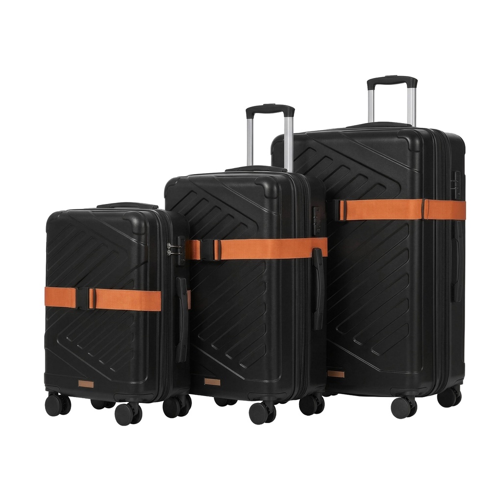 [RLP004B101] SONGMICS Valise Rigide, Chariot à Bagages ABS avec Serrure TSA, 4 Roues Doubles, Valise de Voyage avec Sangle, Lot de 3, Extensible, Valises Grande/Moyenne/Cabine, 75/65/55 cm, Noir Encre RLP004B101